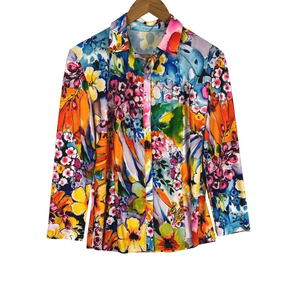 Womens Long Sleeve Floral Watercolor Button Up Shirt Sz M Artistic Vibrant Bold